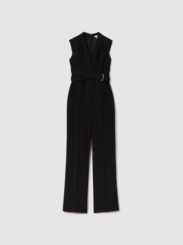 Reiss Black Riyo Fitted Belt Strap Jumpsuit - Image 2 of 6