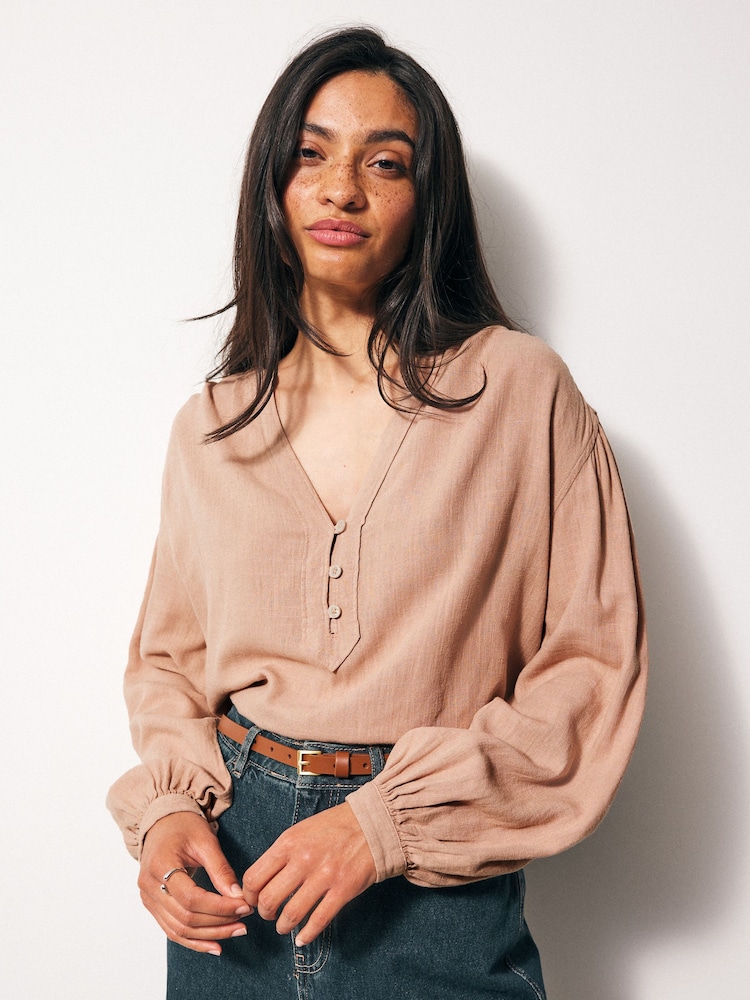 Mink Brown Long Sleeve V-Neck Button Front Blouse - Image 1 of 6