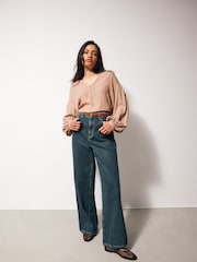 Mink Brown Long Sleeve V-Neck Button Front Blouse - Image 2 of 6