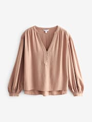 Mink Brown Long Sleeve V-Neck Button Front Blouse - Image 5 of 6