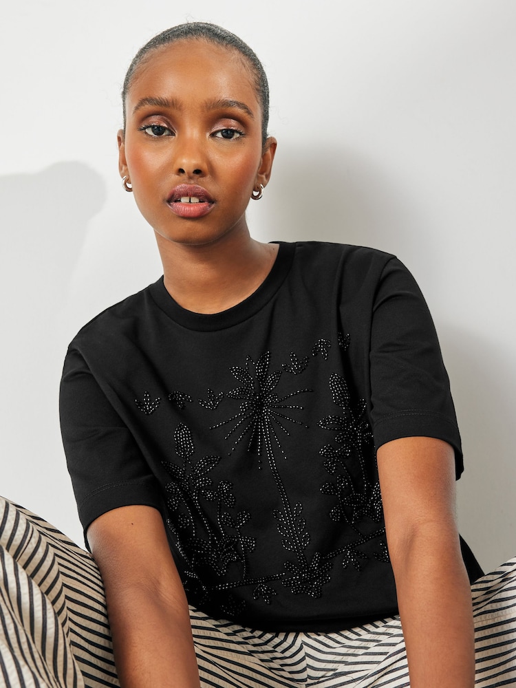 Black 100% Cotton Palm Print Beaded Sparkle Holiday Short Sleeve T-Shirt - Image 1 of 5