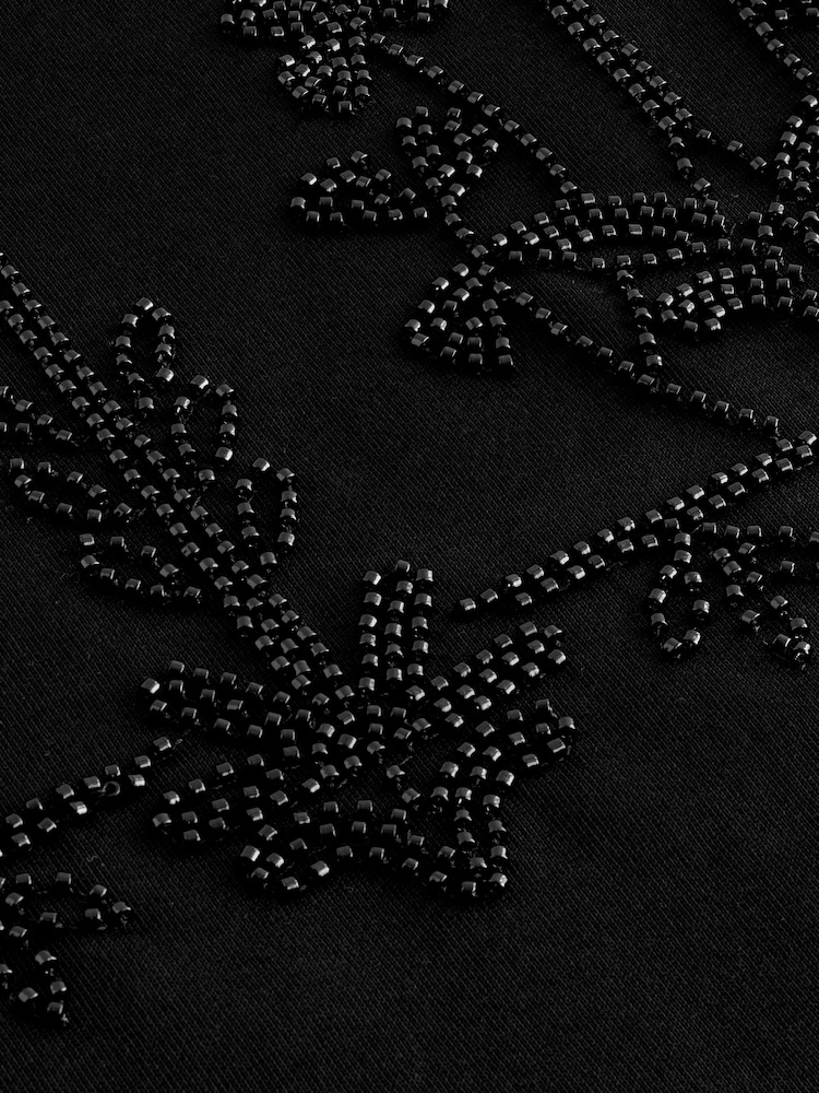 Black 100% Cotton Palm Print Beaded Sparkle Holiday Short Sleeve T-Shirt - Image 5 of 5