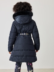 Baker by Ted Baker Navy Shower Resistant Padded Belted Skirt Coat - Image 2 of 13