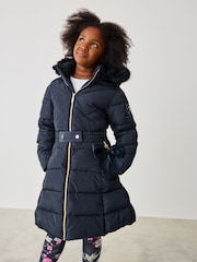 Baker by Ted Baker Navy Shower Resistant Padded Belted Skirt Coat - Image 3 of 13
