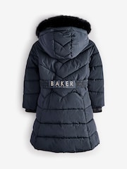 Baker by Ted Baker Navy Shower Resistant Padded Belted Skirt Coat - Image 9 of 13