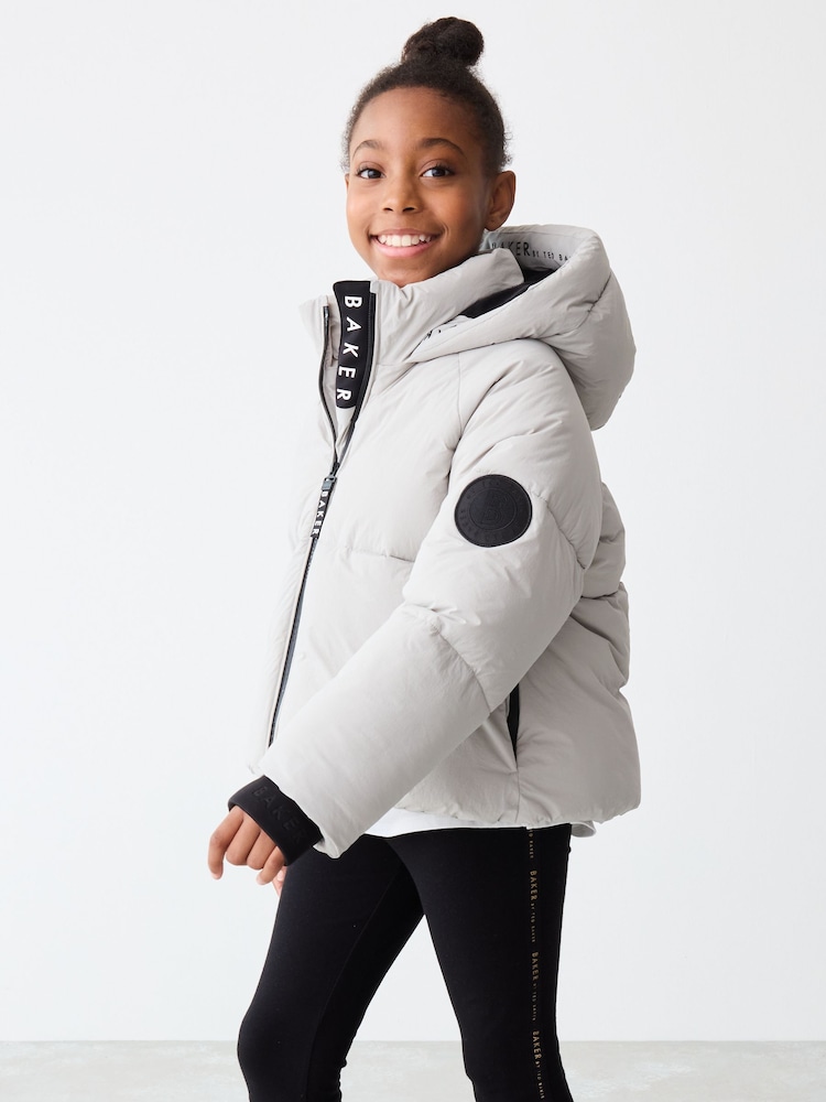 Baker by Ted Baker Shower Resistant Grey Short Branded Padded Coat - Image 4 of 15