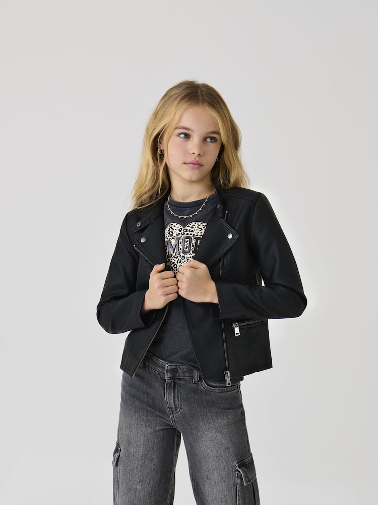 أسود - ONLY KIDS Faux Leather Biker Jacket - صورة 1 من 6