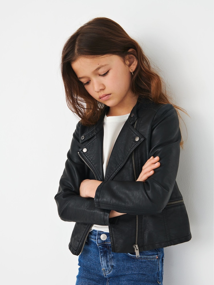 أسود - ONLY KIDS Faux Leather Biker Jacket - صورة 2 من 6