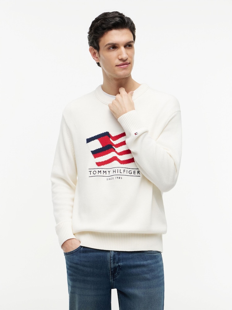 Tommy Hilfiger Cream Intarsia Flag Relaxed Crew Neck Jumper - Image 1 of 5