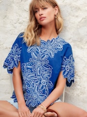 Cobalt/White Short Sleeve Embroidered Summer 100% Cotton T-Shirt - Image 2 of 7