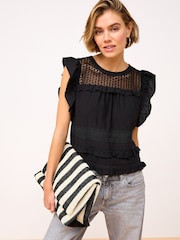 Black Frill Sleeve Lace Insert Summer 100% Cotton Blouse - Image 1 of 7