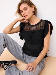 Black Frill Sleeve Lace Insert Summer 100% Cotton Blouse - Image 3 of 7