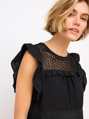 Black Frill Sleeve Lace Insert Summer 100% Cotton Blouse - Image 5 of 7