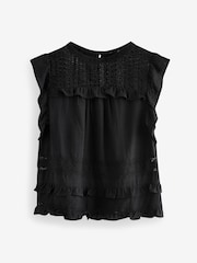 Black Frill Sleeve Lace Insert Summer 100% Cotton Blouse - Image 6 of 7