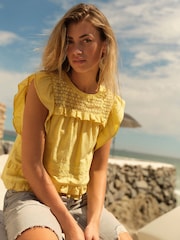 Yellow Frill Sleeve Lace Insert Summer 100% Cotton Blouse - Image 1 of 6