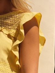 Yellow Frill Sleeve Lace Insert Summer 100% Cotton Blouse - Image 4 of 6