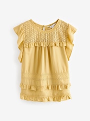 Yellow Frill Sleeve Lace Insert Summer 100% Cotton Blouse - Image 5 of 6