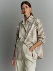 Green/White Stripe Long Sleeve Iridescent Sequin Shirt - Image 1 of 8