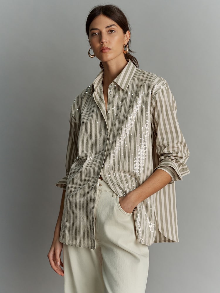 Green/White Stripe Long Sleeve Iridescent Sequin Shirt - Image 1 of 8