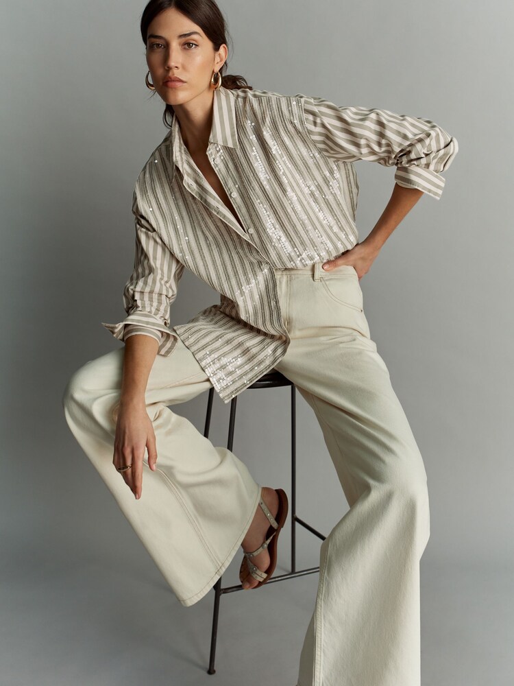 Green/White Stripe Long Sleeve Iridescent Sequin Shirt - Image 3 of 8