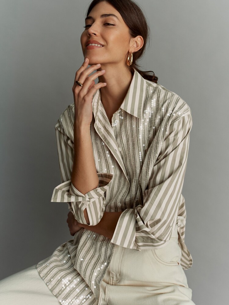 Green/White Stripe Long Sleeve Iridescent Sequin Shirt - Image 4 of 8