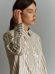 Green/White Stripe Long Sleeve Iridescent Sequin Shirt - Image 5 of 8