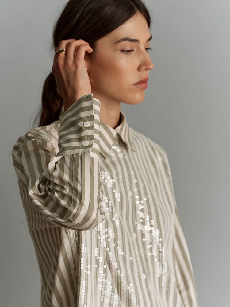 Green/White Stripe Long Sleeve Iridescent Sequin Shirt - Image 5 of 8