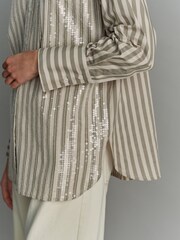 Green/White Stripe Long Sleeve Iridescent Sequin Shirt - Image 6 of 8