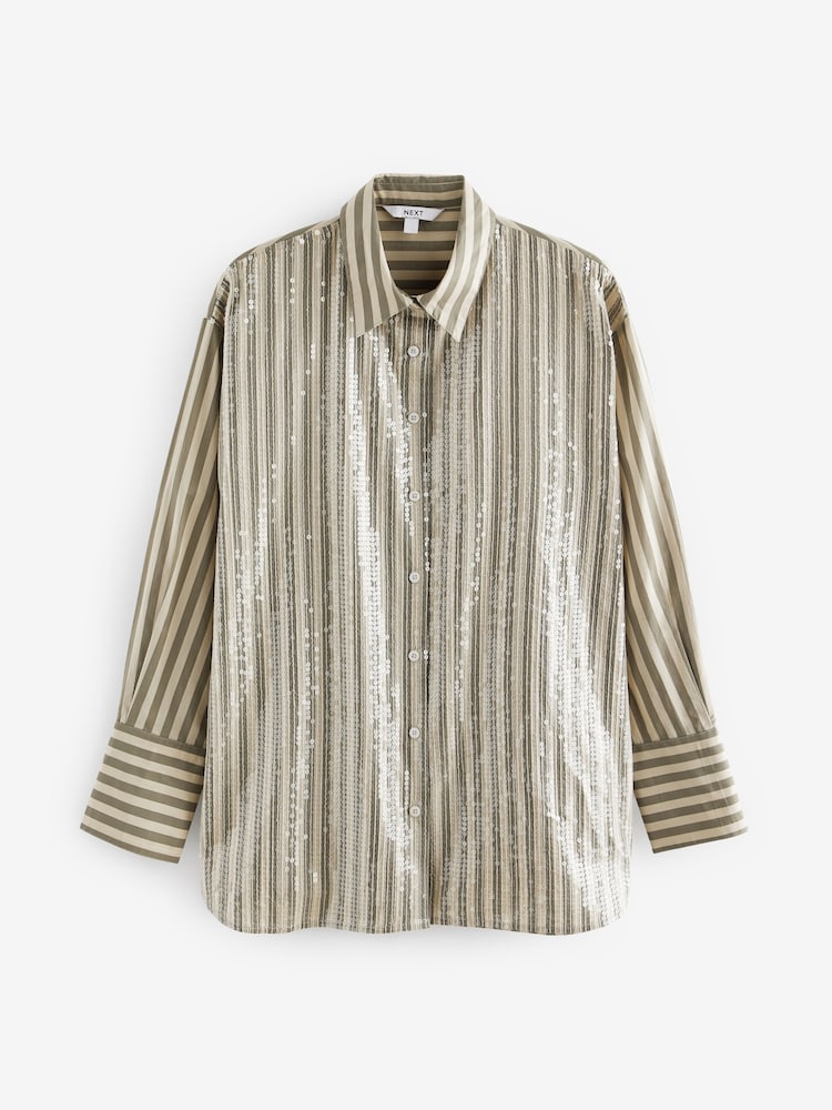 Green/White Stripe Long Sleeve Iridescent Sequin Shirt - Image 7 of 8