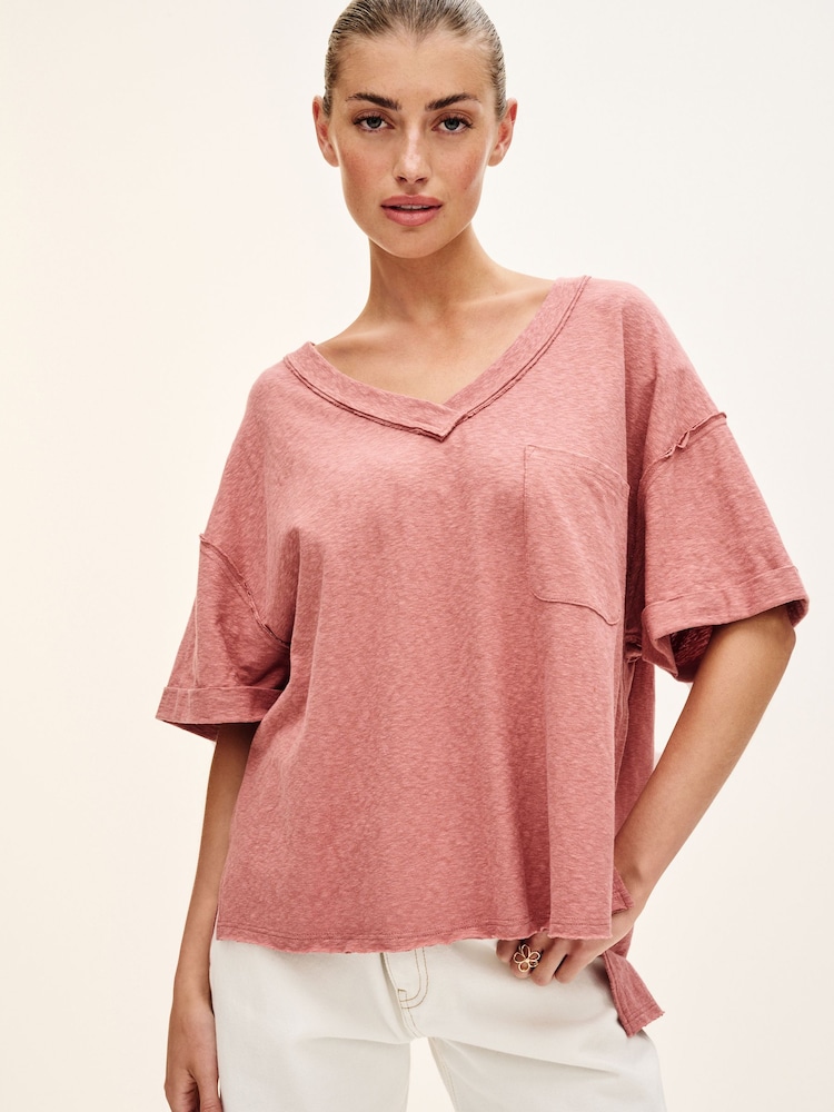 Rose Pink Oversized Linen Look Washed Pocket Detail Slouch V-Neck T-Shirt - Image 1 of 4