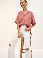 Rose Pink Oversized Linen Look Washed Pocket Detail Slouch V-Neck T-Shirt - Image 2 of 4