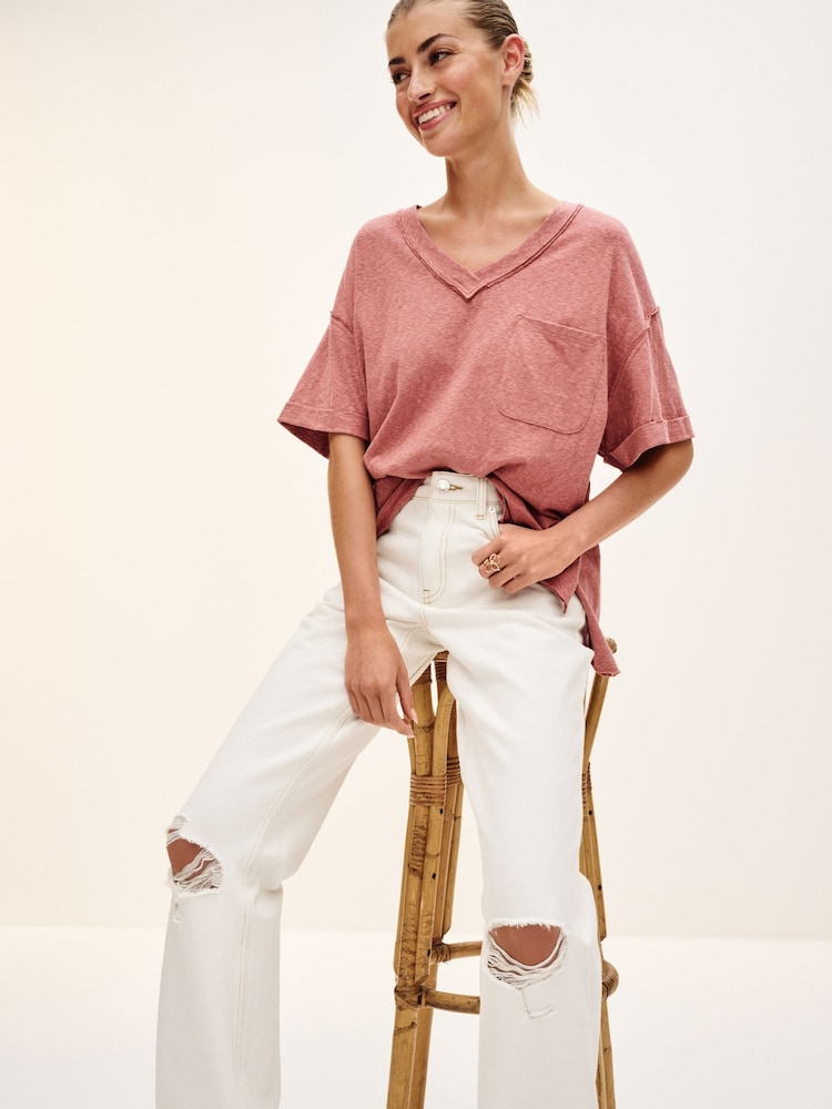 Rose Pink Oversized Linen Look Washed Pocket Detail Slouch V-Neck T-Shirt - Image 2 of 4