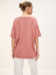 Rose Pink Oversized Linen Look Washed Pocket Detail Slouch V-Neck T-Shirt - Image 3 of 4
