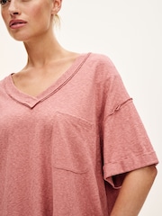 Rose Pink Oversized Linen Look Washed Pocket Detail Slouch V-Neck T-Shirt - Image 4 of 4