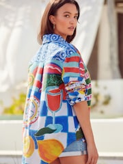 Italian Summer Print Long Sleeve 100% Linen Shirt - Image 3 of 6