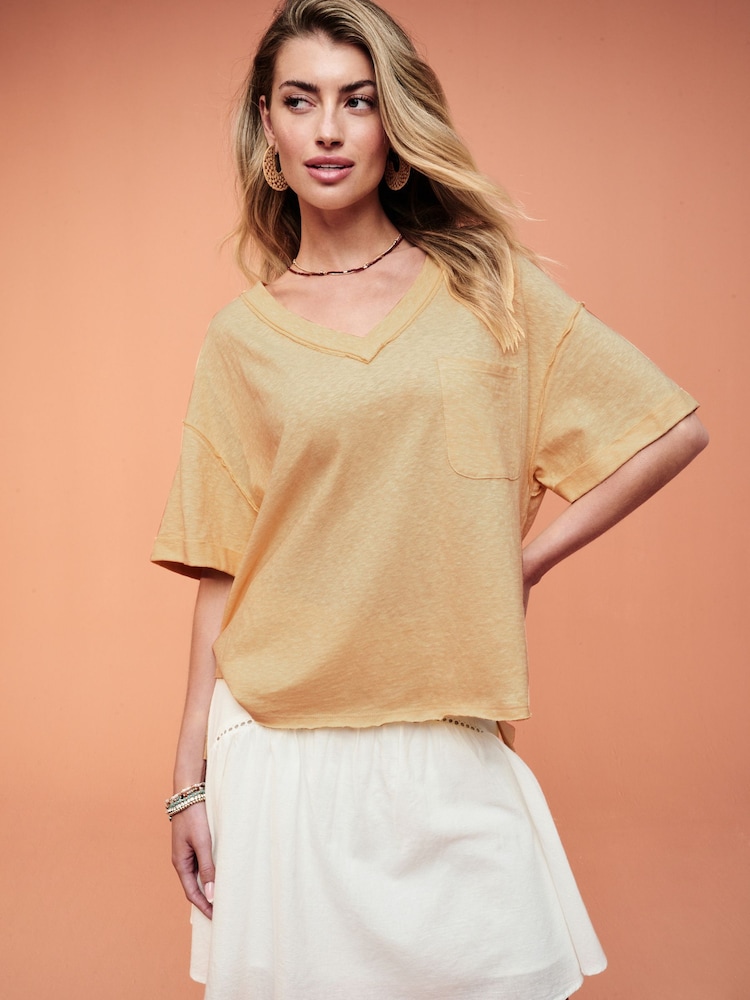 Yellow Oversized Linen Look Washed Pocket Detail Slouch V-Neck T-Shirt - Image 1 of 4 Yellow Oversized Linen Look Washed Pocket Detail Slouch V-Neck T-Shirt - Image 1 of 4