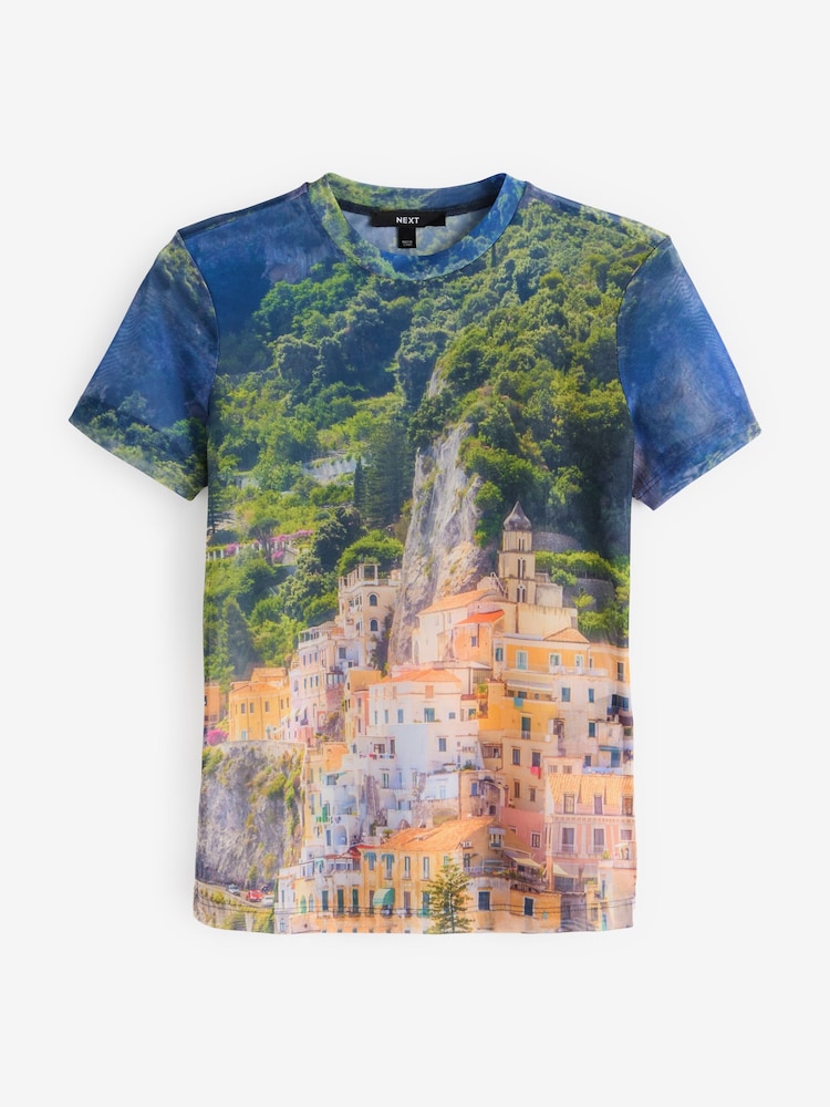 Multi Scenic Print Short Sleeve Mesh Top - Image 2 of 5
