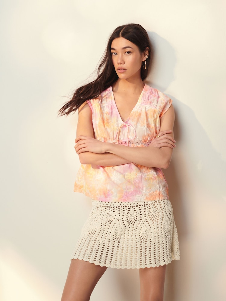 Pink Tie Dye Broderie V-Neck Lace Detail Short Sleeve Top - Image 1 of 6