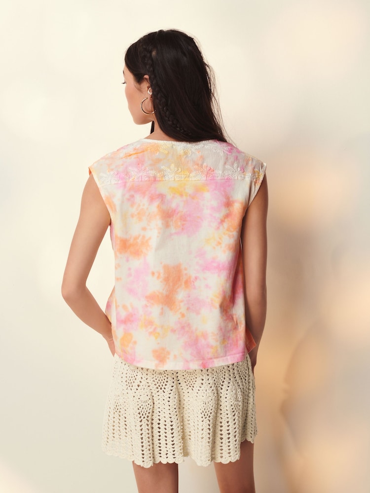Pink Tie Dye Broderie V-Neck Lace Detail Short Sleeve Top - Image 2 of 6