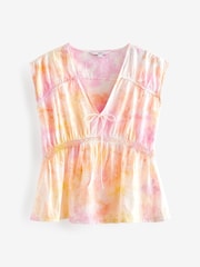 Pink Tie Dye Broderie V-Neck Lace Detail Short Sleeve Top - Image 4 of 6