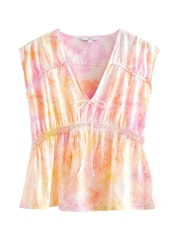 Pink Tie Dye Broderie V-Neck Lace Detail Short Sleeve Top - Image 6 of 6