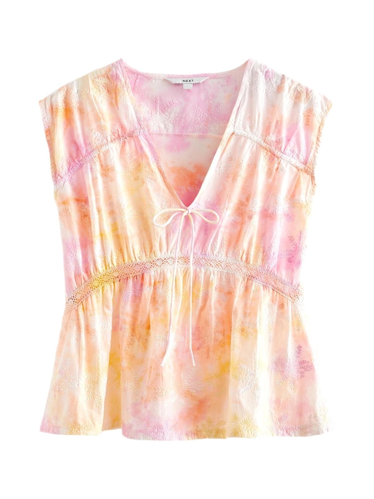 Pink Tie Dye Broderie V-Neck Lace Detail Short Sleeve Top - Image 6 of 6