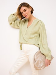 Green Long Sleeve V-Neck Button Front Blouse With Linen - Image 1 of 6