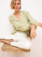 Green Long Sleeve V-Neck Button Front Blouse With Linen - Image 2 of 6