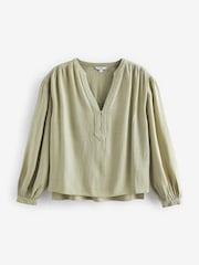 Green Long Sleeve V-Neck Button Front Blouse With Linen - Image 5 of 6