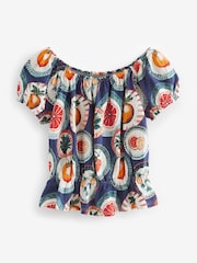 Blue Fruit Print 100% Cotton Bardot Puff Sleeve Blouse - Image 5 of 6