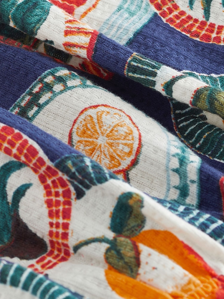 Blue Fruit Print 100% Cotton Bardot Puff Sleeve Blouse - Image 6 of 6