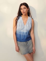 Blue Dip Hem Broderie Sleeveless 100% Cotton Tie Top - Image 1 of 5