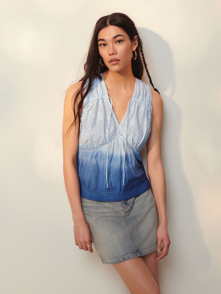 Blue Dip Hem Broderie Sleeveless 100% Cotton Tie Top - Image 1 of 5