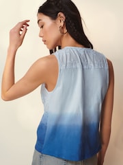 Blue Dip Hem Broderie Sleeveless 100% Cotton Tie Top - Image 3 of 5